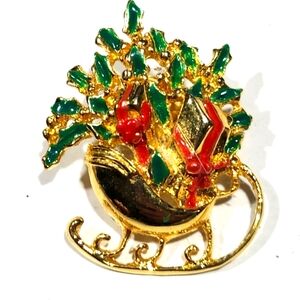 Vtg Gold Tone Enamel Sleigh Tack Pin